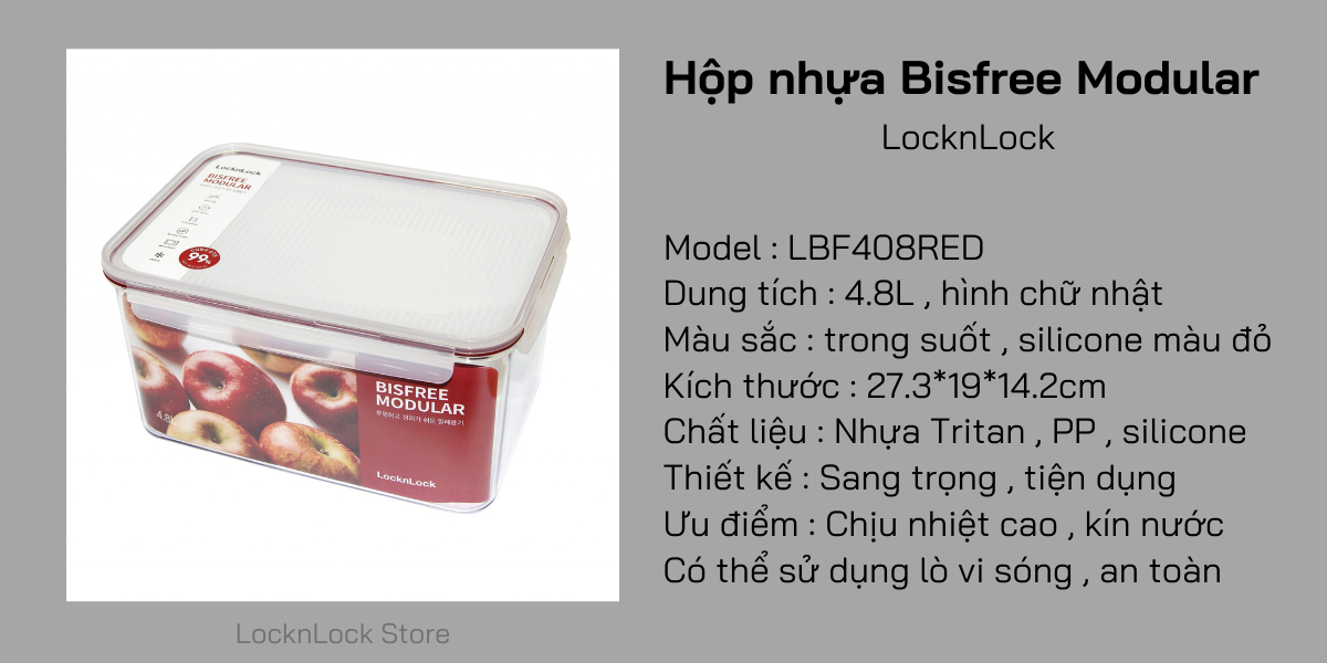 LBF408RED-Hộp bảo quản thực phẩm nhựa Bisfree Modular-LOCK&LOCK-4.8L-trong suốt-Silicone màu đỏ
