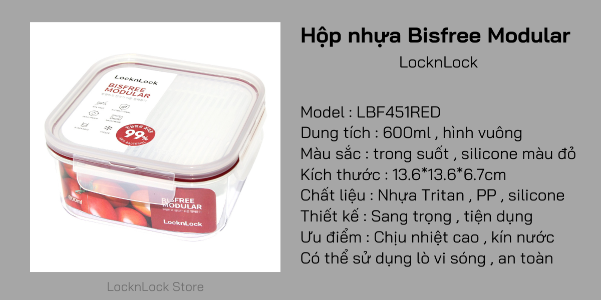 LBF451RED-Hộp bảo quản thực phẩm nhựa Bisfree Modular-LOCK&LOCK-600ml-trong suốt-Silicone màu đỏ