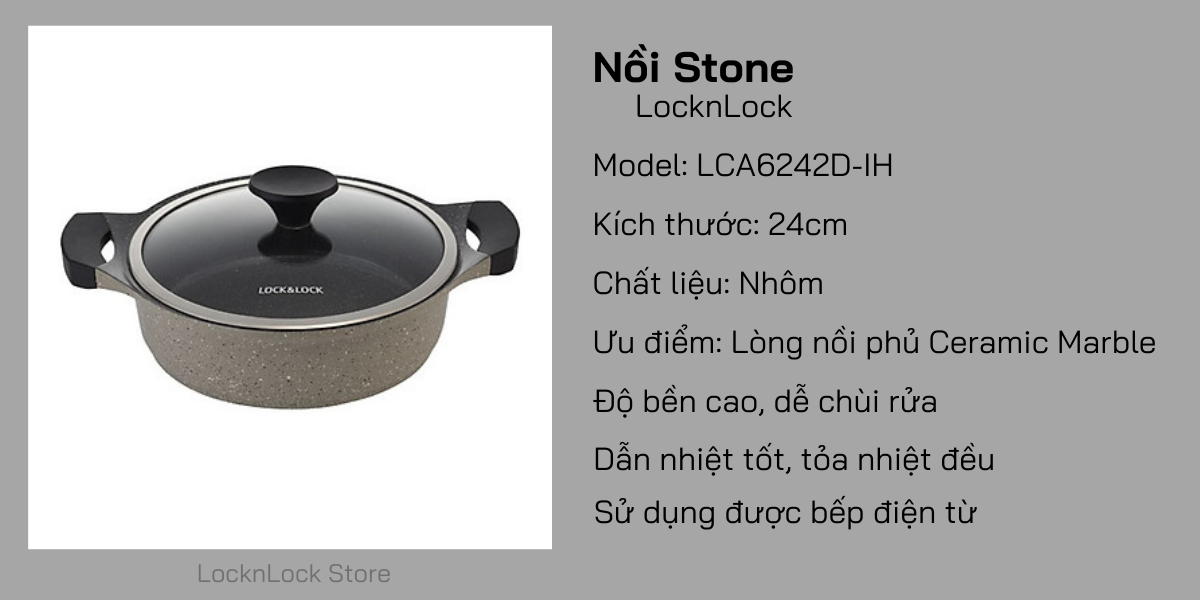 LCA6242D-Nồi Lock&Lock Stone 2 tay cầm 24cm (Có thể sử dụng bếp từ)