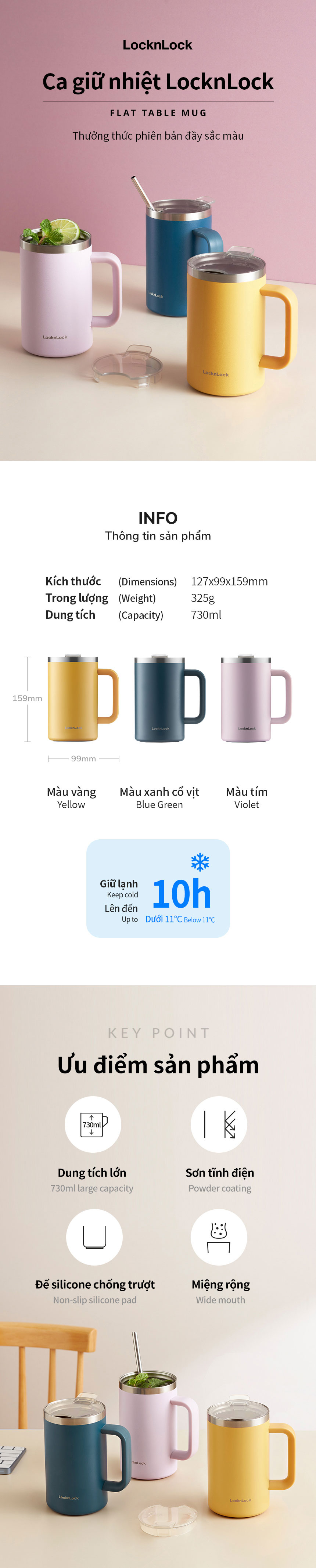 LHC4320BGRN - Ca nước giữ nhiệt LocknLock Flat Table Mug 730ml - Màu xanh cổ vịt