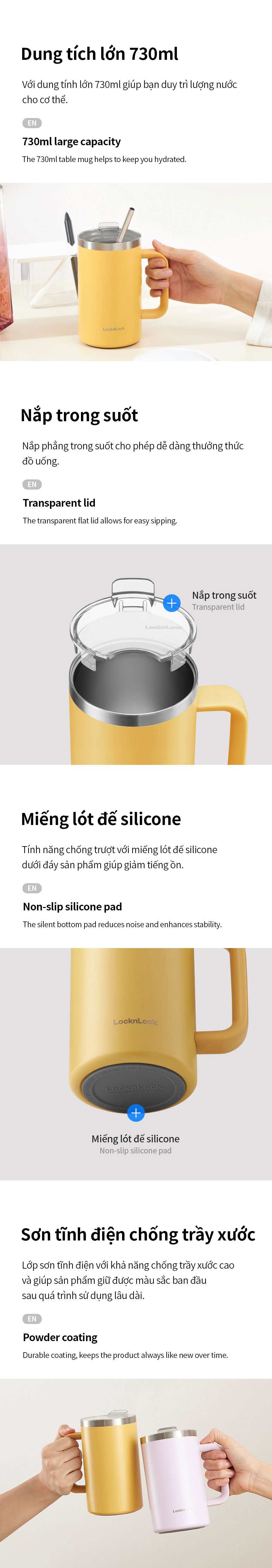 LHC4320YEL - Ca nước giữ nhiệt LocknLock Flat Table Mug 730ml - Màu vàng