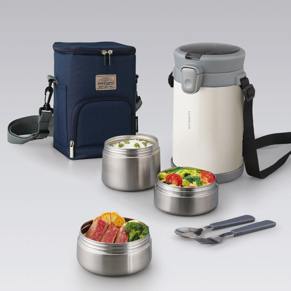 LHC8039BLU - Bộ hộp cơm giữ nhiệt LOCK&LOCK EASY CARRY 2.0L, 720ml*1, 420ml*2, bộ muỗng và nĩa*1, túi đựng*1 - Màu xanh