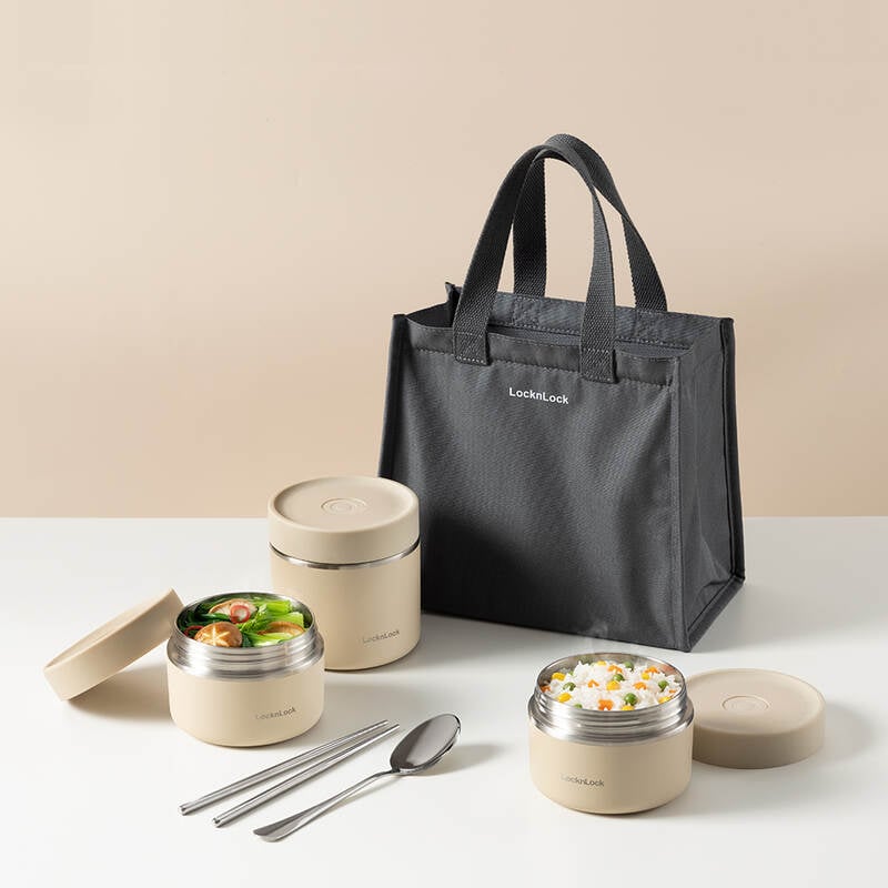 LHC8052S02B - Bộ hộp cơm giữ nhiệt LocknLock Pump Vacuum Lunch box (300ml*2, 500ml*1, bộ đũa và thìa, túi) - Màu be