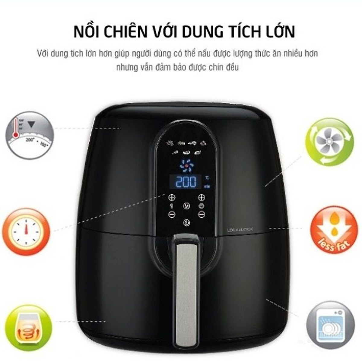 EJF-351BLK-Nồi chiên không dầu điện tử  Eco flyer, 220V, 50Hz, 1800W, 5.2L có màn hình LCD màu đen.