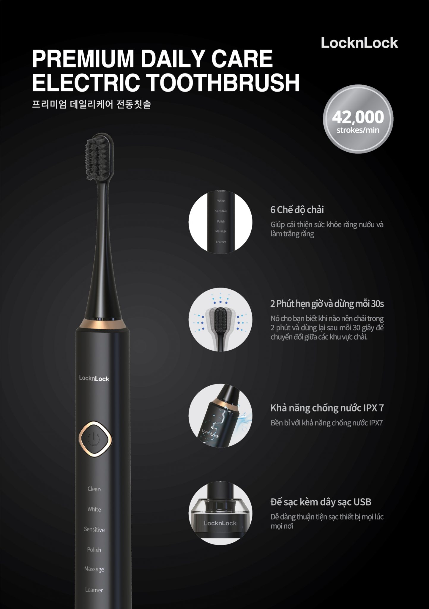 ENR636BLK-Bàn chải đánh răng điện LocknLock, Premium daily care electric toothbrush DC3.7V, 3W, Sạc không dây-Màu đen