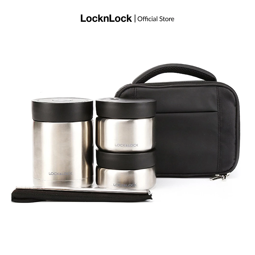 LHC8031SLV - Bộ hộp cơm giữ nhiệt Lock&Lock bằng thép không gỉ (460ml*1, 420ml*1, 280ml*1, đũa*1, túi*1) - Màu bạc