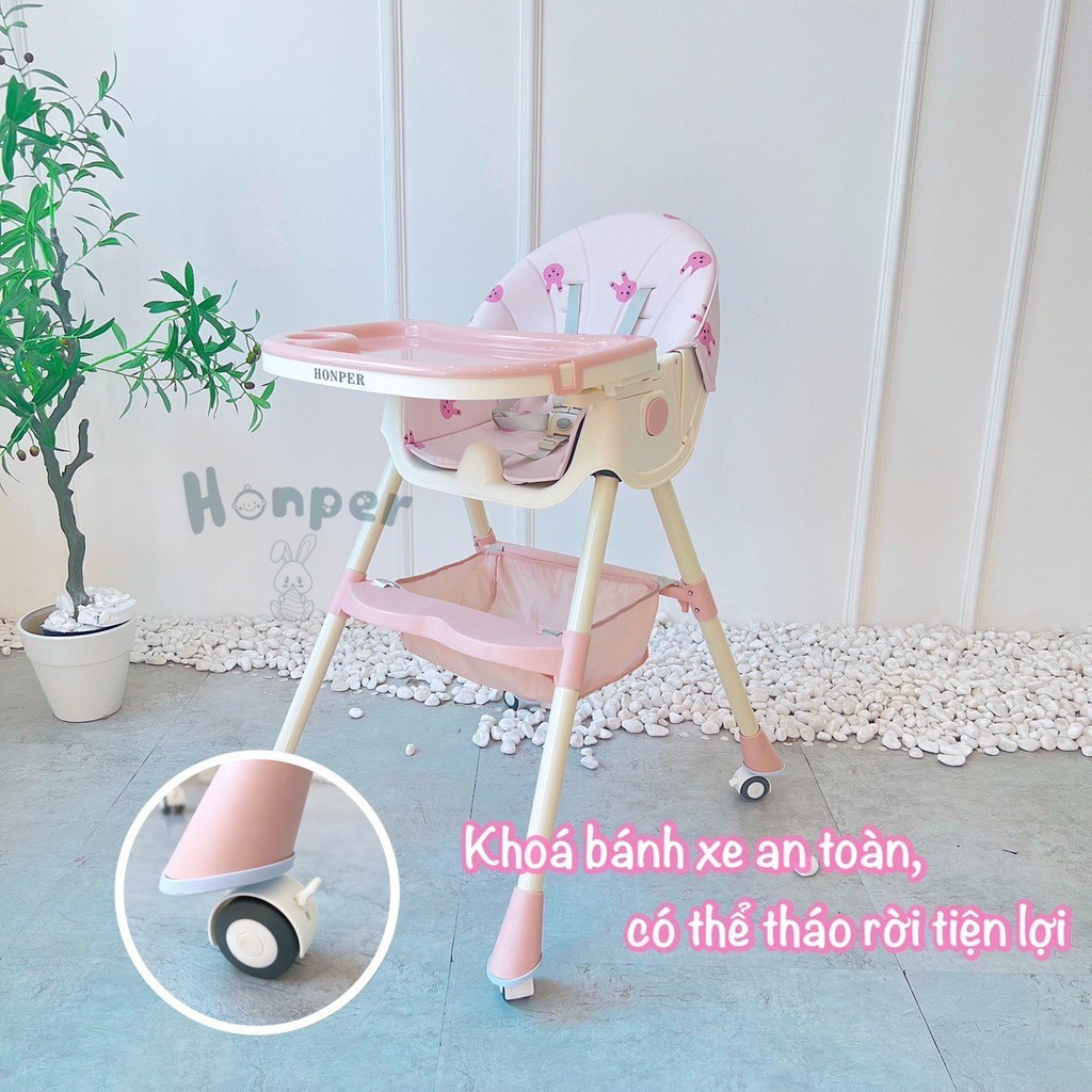 ghế ăn dặm có chế độ ngã nằm, chân bánh xe honper HP211