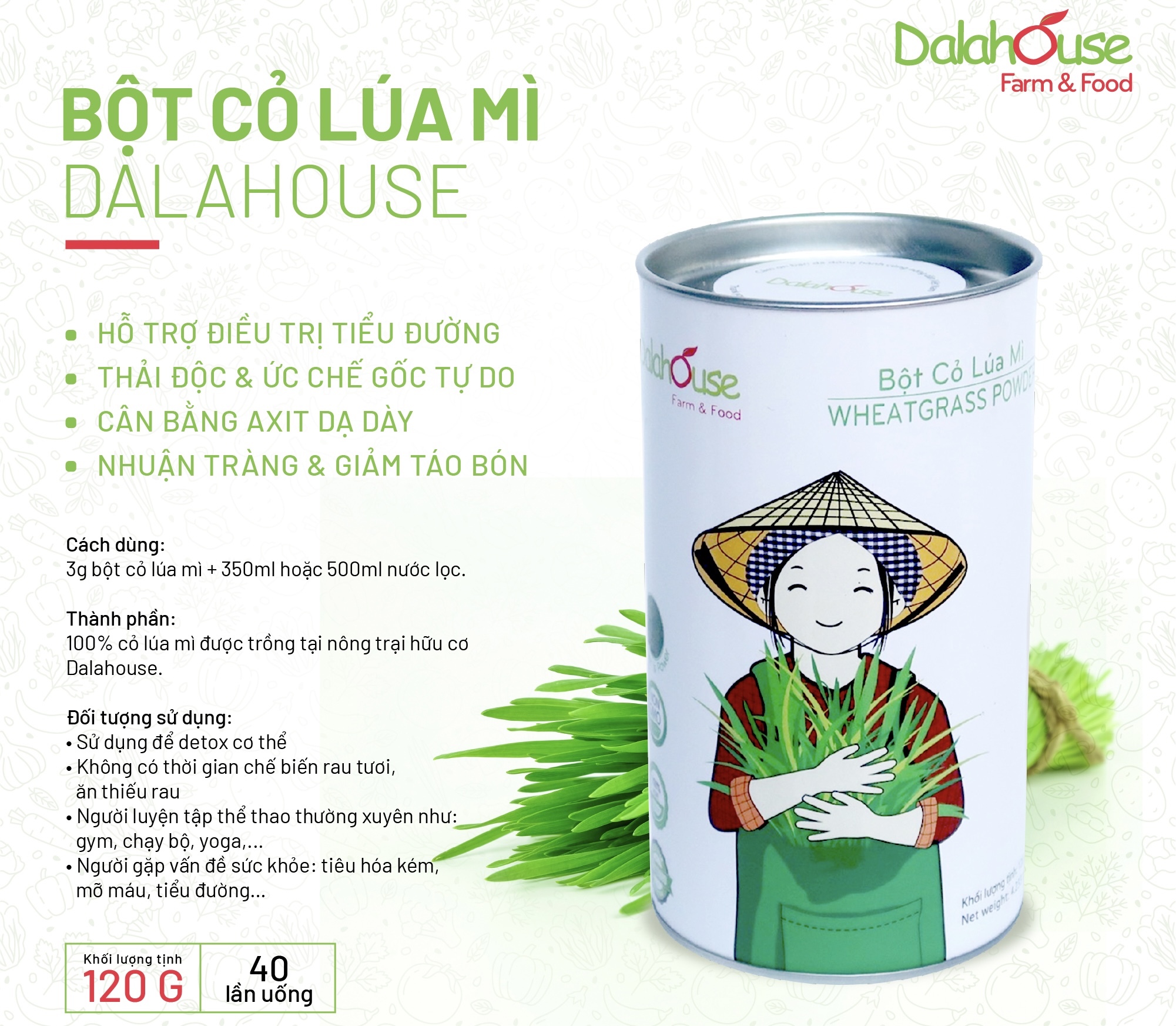 Bột Cỏ Lúa Mì Hữu Cơ Tươi Dalahouse Lon 120g
