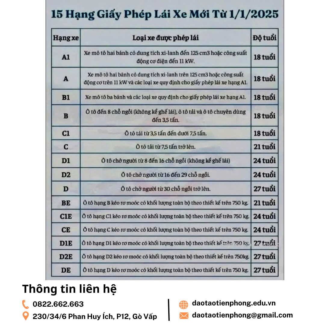 15 hạng giấy phép lái xe mới áp dụng từ ngày 01/01/2025 | Trung Tâm Đào Tạo Tiên Phong