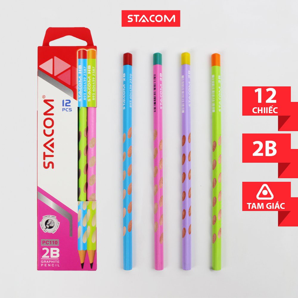 Bút chì định vị tay cầm, hộp 12 cây chì cho bé tập viết Stacom PC110 2B/ HB nhiều màu sắc