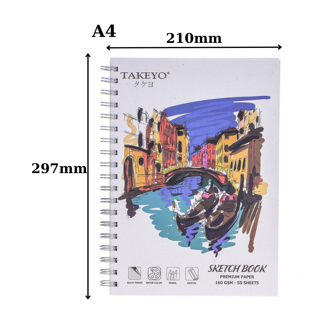 Sổ sketchbook loại dày định lượng 160gsm, sổ vẽ chì TAKEYO 50 tờ khổ giấy A4/ A5