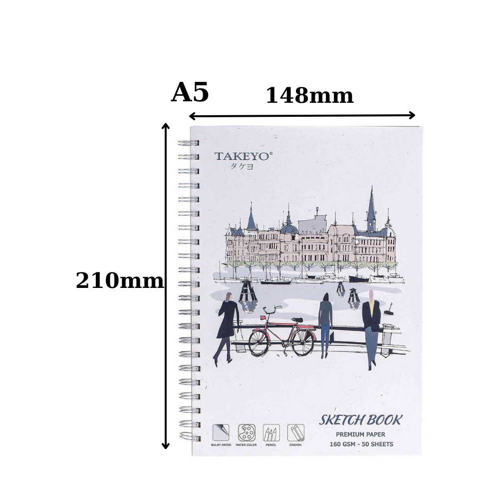 Sổ sketchbook loại dày định lượng 160gsm, sổ vẽ chì TAKEYO 50 tờ khổ giấy A4/ A5