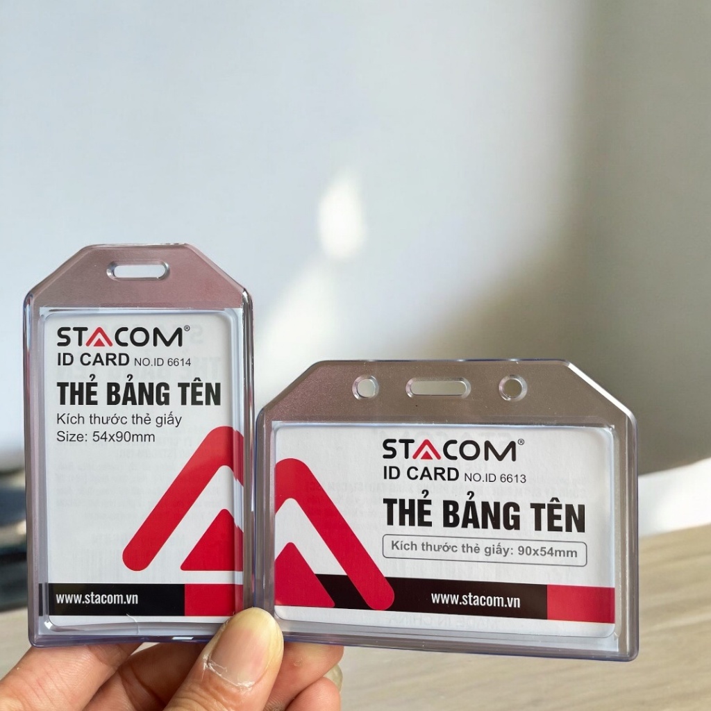 Bao thẻ nhựa trong, thẻ đeo bảng tên 2 mặt kt: 90*54mm loại ngang/ dọc Stacom