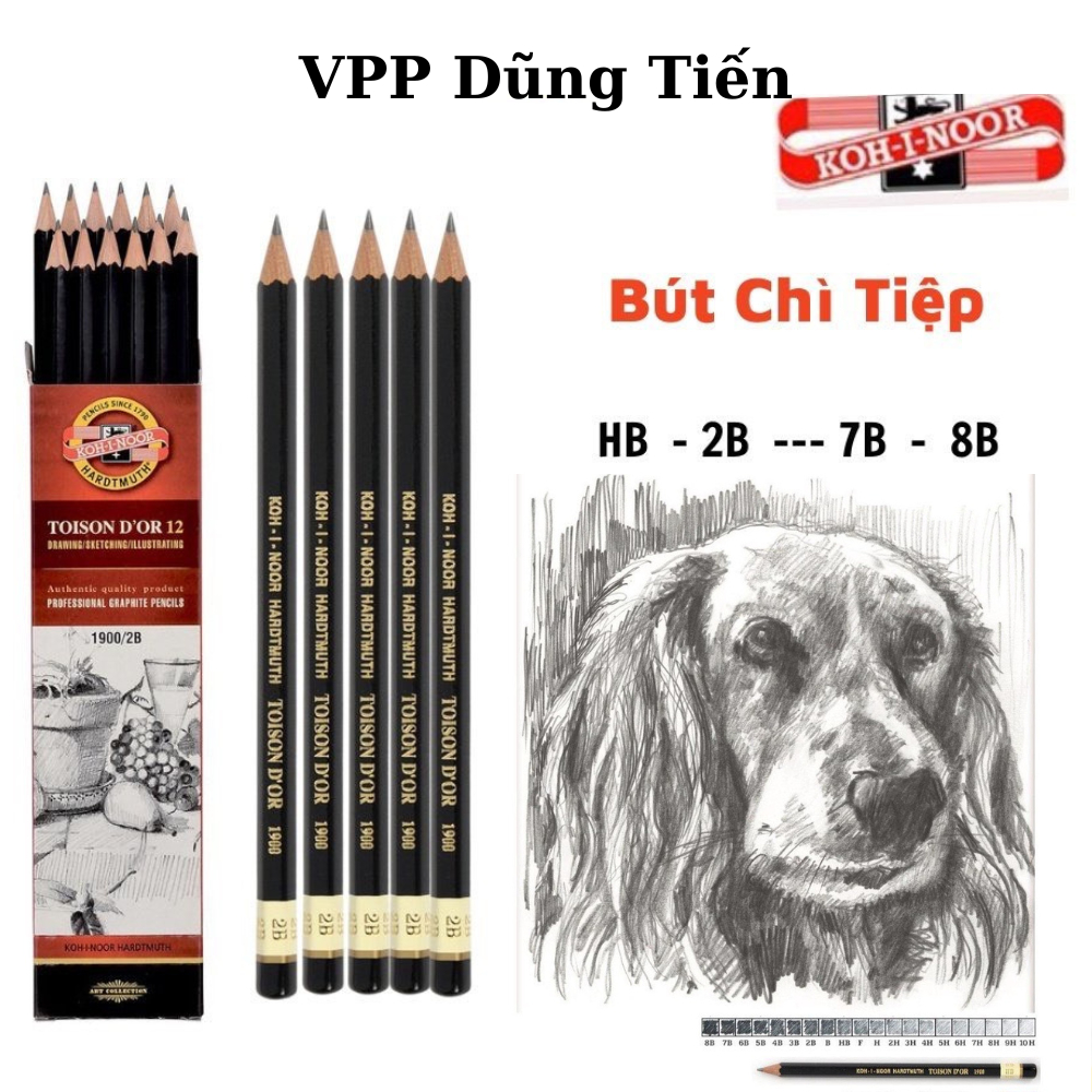 Bút chì Tiệp KOH 1900 thân đen, viết chì gỗ độ chì HB/ 2B/ 3B/ 4B/ 5B/ 6B/ 7B/ 8B