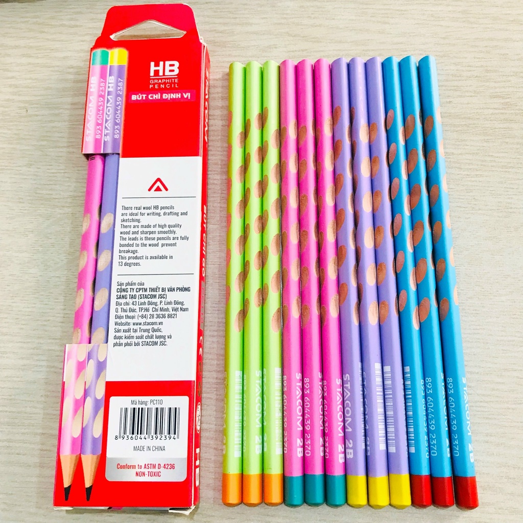 Bút chì định vị tay cầm, hộp 12 cây chì cho bé tập viết Stacom PC110 2B/ HB nhiều màu sắc