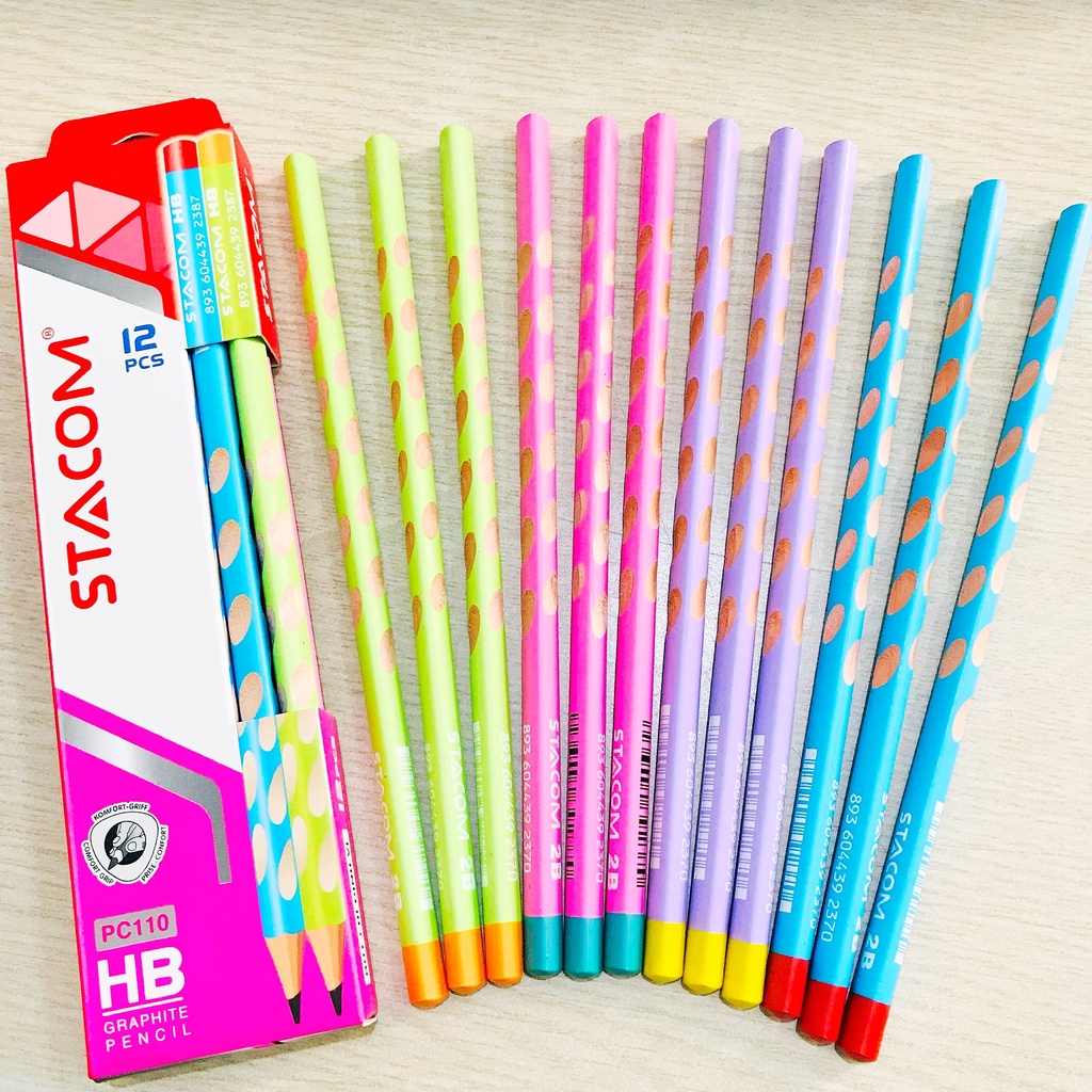 Bút chì định vị tay cầm, hộp 12 cây chì cho bé tập viết Stacom PC110 2B/ HB nhiều màu sắc