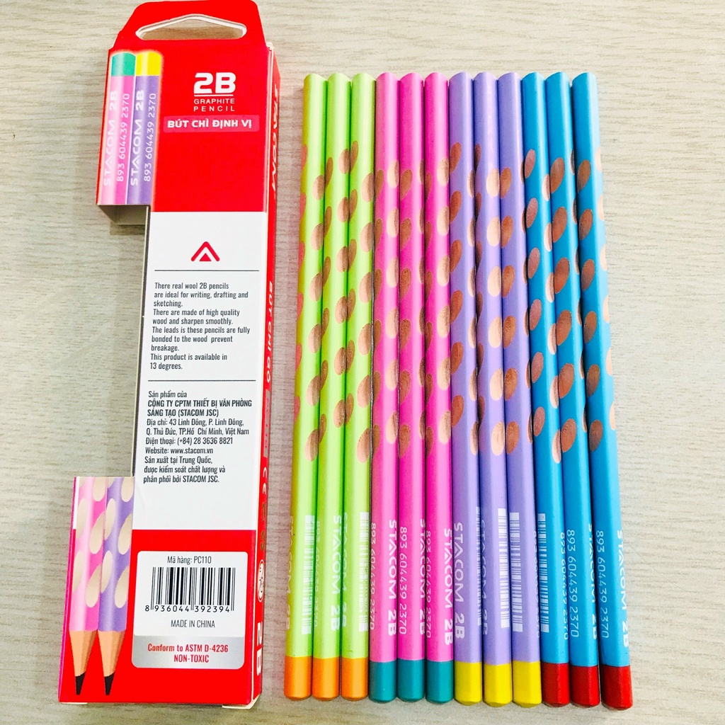 Bút chì định vị tay cầm, hộp 12 cây chì cho bé tập viết Stacom PC110 2B/ HB nhiều màu sắc