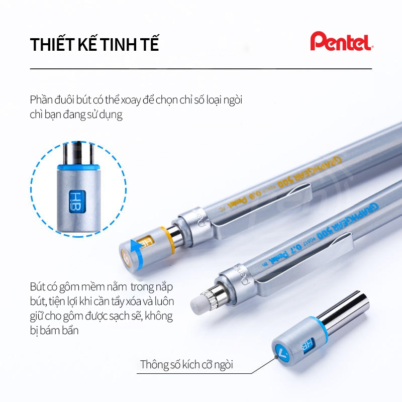 Bút chì kim cơ khí Pentel GRAPHGEAR 500 size ngòi 0.3mm/ 0.5mm/ 0.7mm/ 0.9mm- Chính Hãng