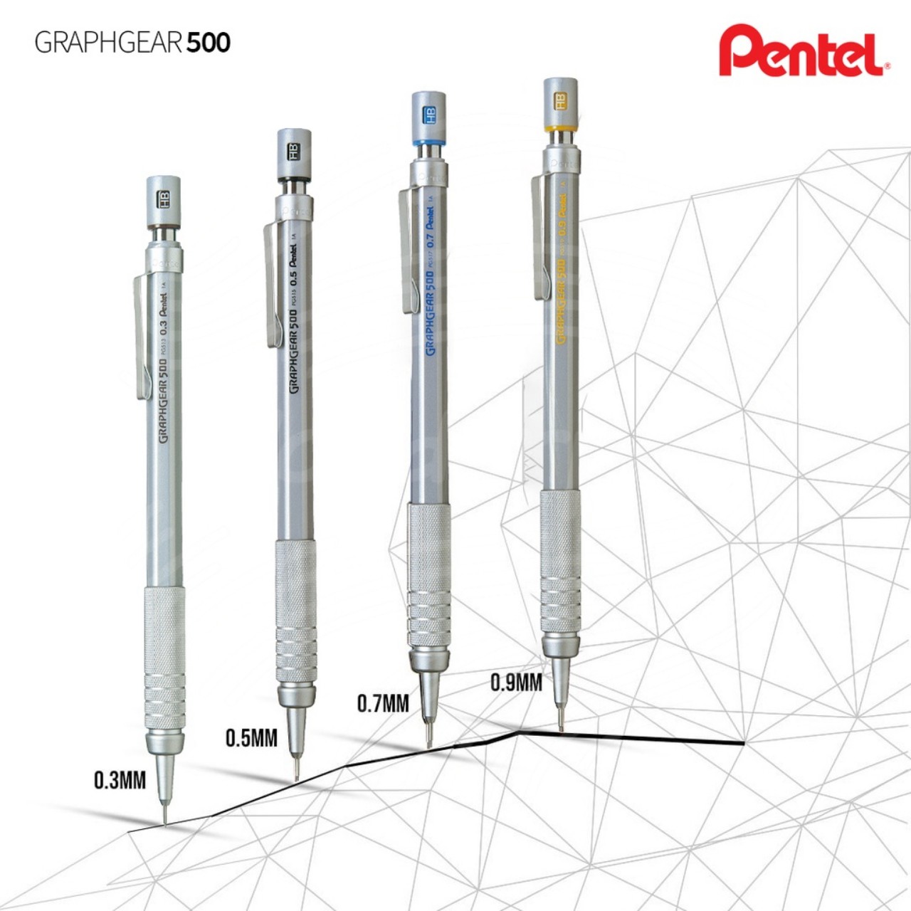 Bút chì kim cơ khí Pentel GRAPHGEAR 500 size ngòi 0.3mm/ 0.5mm/ 0.7mm/ 0.9mm- Chính Hãng