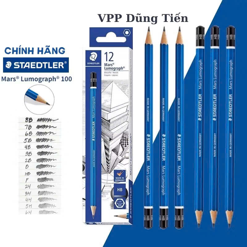 Bút chì Đức STAEDTLER Mars Lumograph 100 thân xanh, viết chì gỗ kỹ thuật từ HB đến 12B