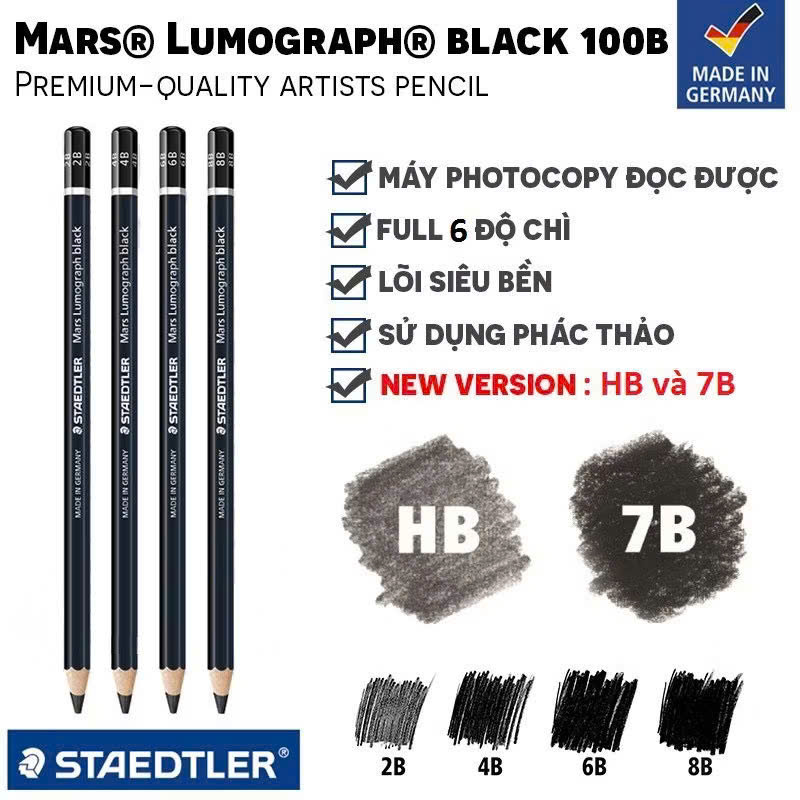 Bút chì vẽ tranh chuyên nghiệp STAEDTLER Mars Lumograph black thân đen độ chì HB/ 2B/ 4B/ 6B/ 7B/ 8B
