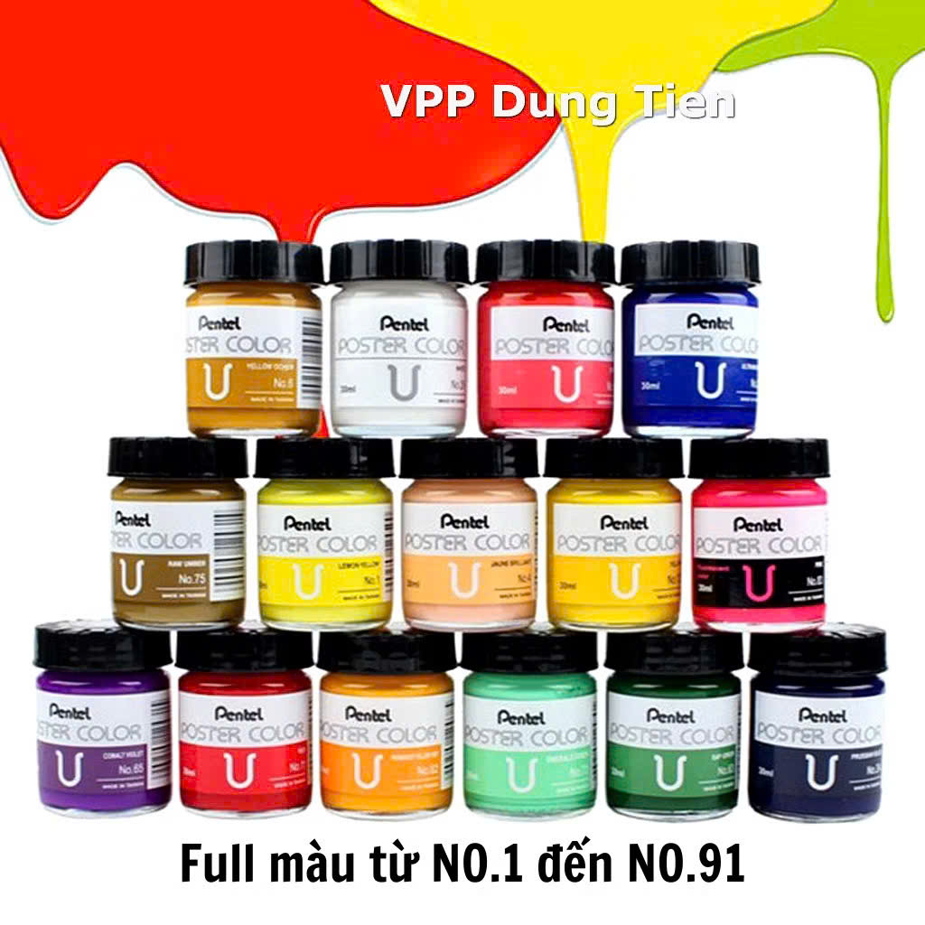 Màu poster Pentel, bộ 12 màu bột pha sẵn POSTER COLOR lọ thuỷ tinh 30ml/ lọ nhựa 12ml