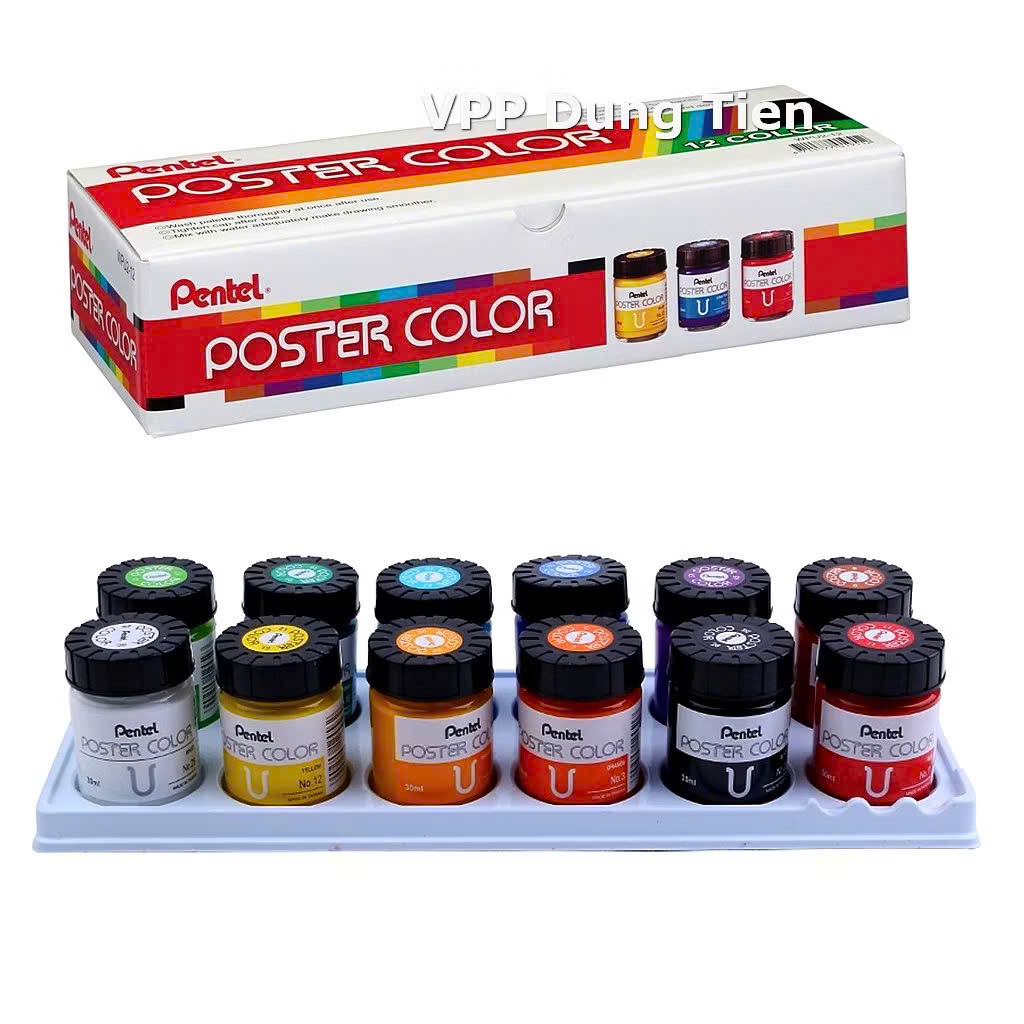 Màu poster Pentel, bộ 12 màu bột pha sẵn POSTER COLOR lọ thuỷ tinh 30ml/ lọ nhựa 12ml
