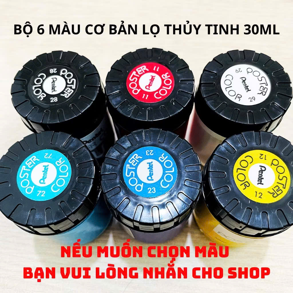 Màu poster Pentel, bộ 12 màu bột pha sẵn POSTER COLOR lọ thuỷ tinh 30ml/ lọ nhựa 12ml