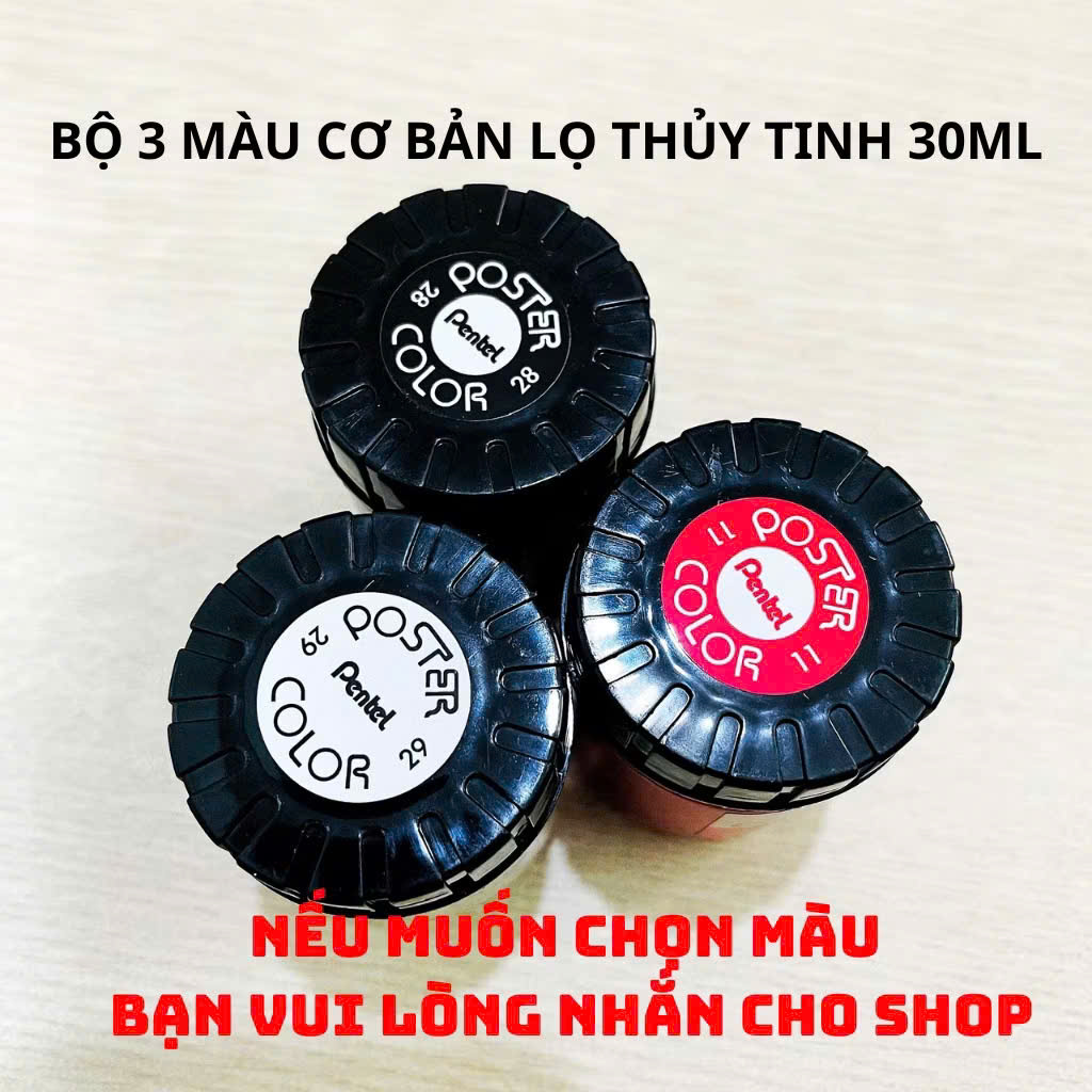 Màu poster Pentel, bộ 12 màu bột pha sẵn POSTER COLOR lọ thuỷ tinh 30ml/ lọ nhựa 12ml