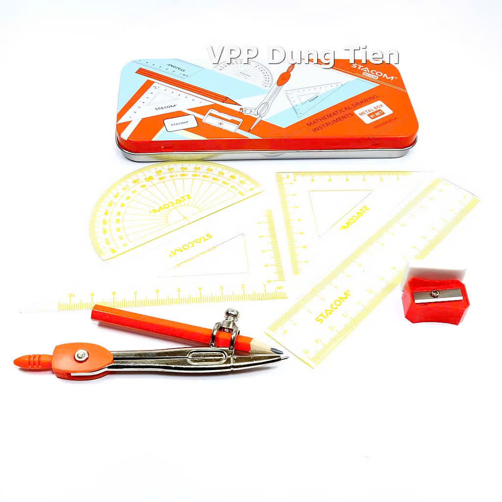 Bộ thước kẻ compa 8 món/ 9 món, hộp dụng cụ hình học bằng sắt cho học sinh