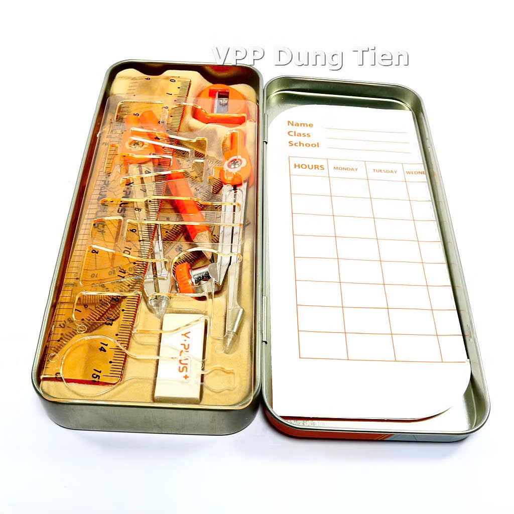 Bộ thước kẻ compa 8 món/ 9 món, hộp dụng cụ hình học bằng sắt cho học sinh