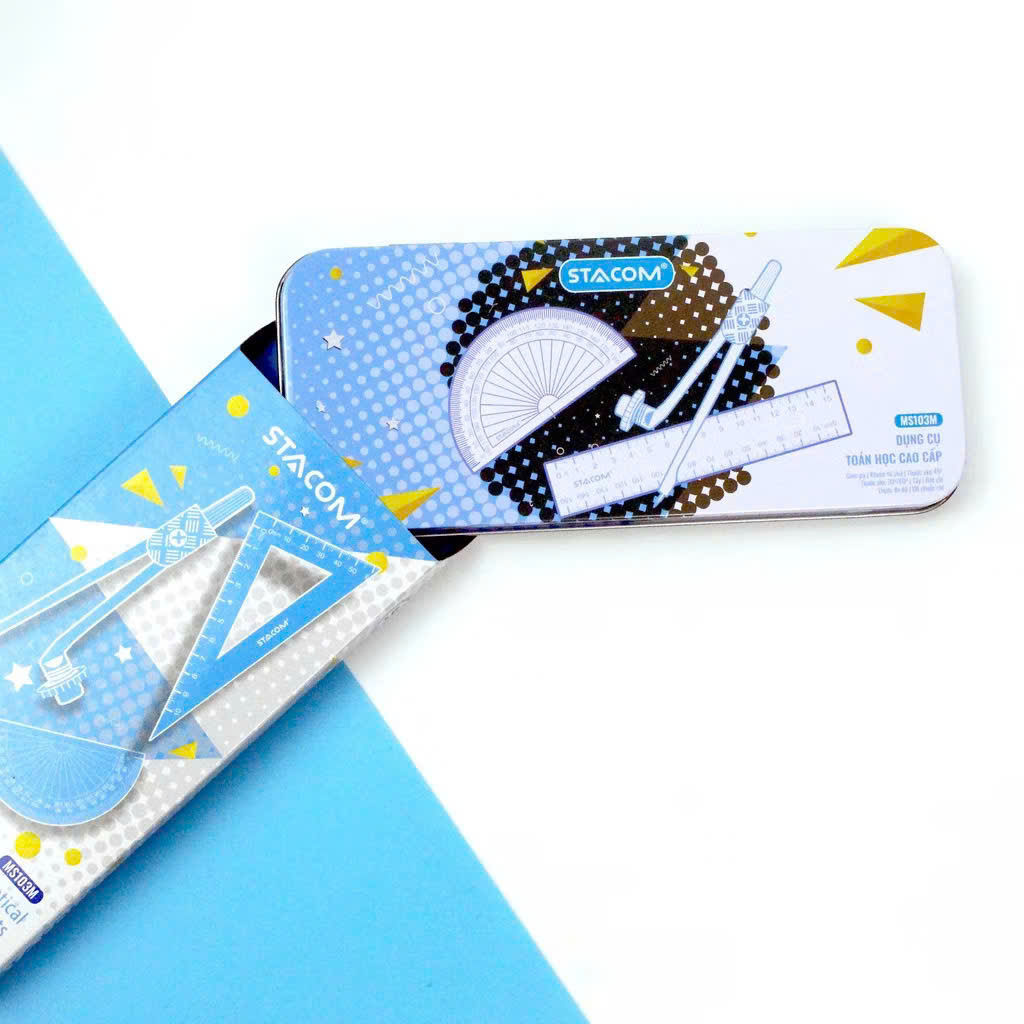 Bộ thước kẻ compa 8 món/ 9 món, hộp dụng cụ hình học bằng sắt cho học sinh