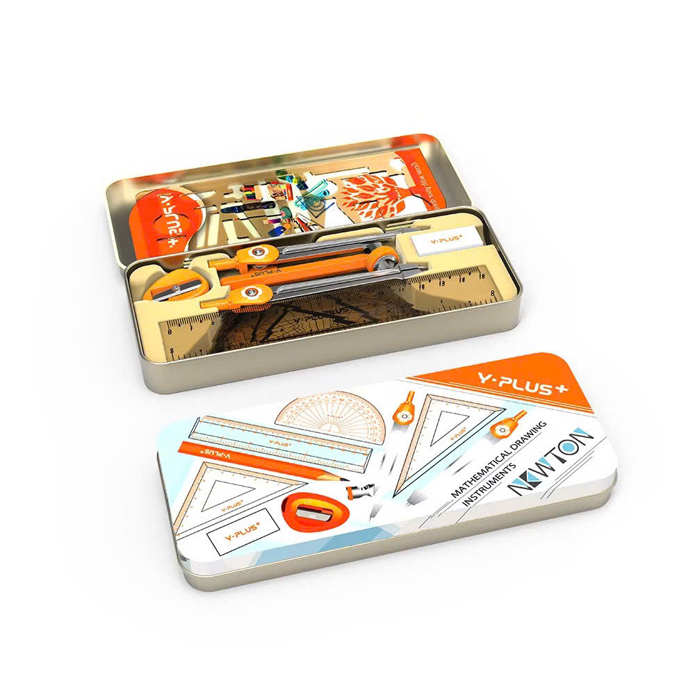 Bộ thước kẻ compa 8 món/ 9 món, hộp dụng cụ hình học bằng sắt cho học sinh