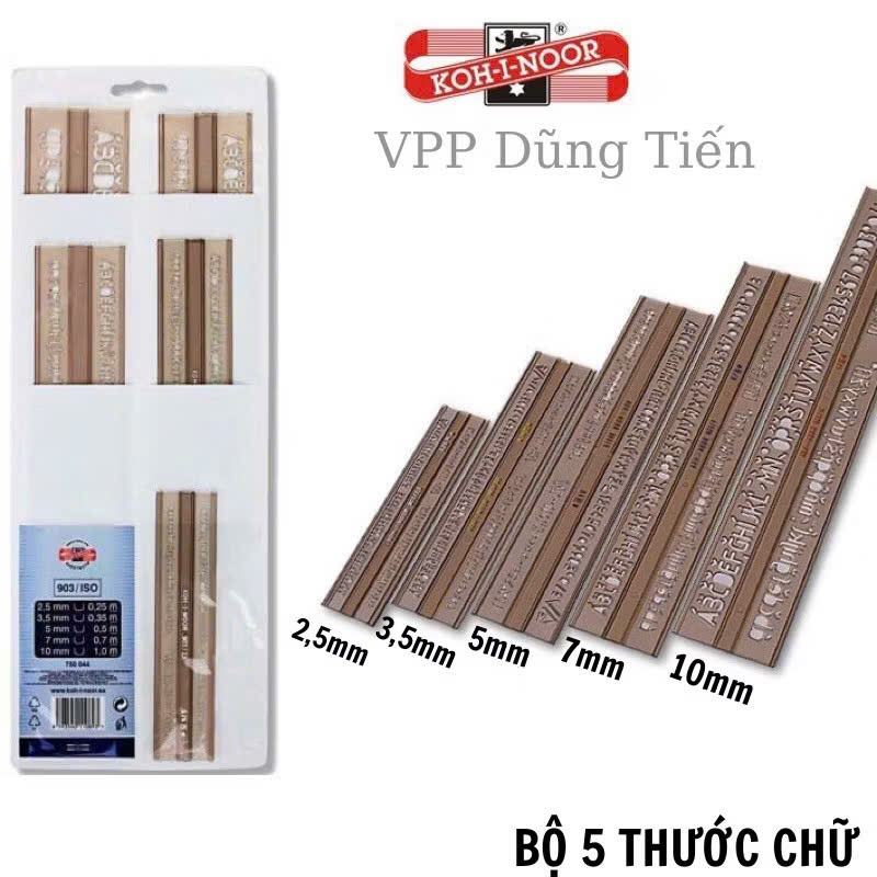 Thước chữ KOH-I-NOOR/ bộ 5 cây thước gốt chữ kỹ thuật, kiến trúc size 2,5mm đến 10mm