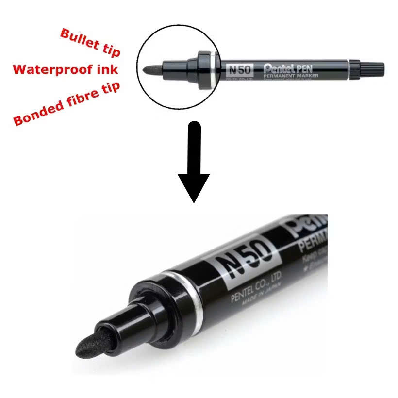 Bút dạ dầu 1 đầu Pentel N50, bút lông dầu không xóa được ngòi 3mm màu mực xanh/ đỏ/ đen