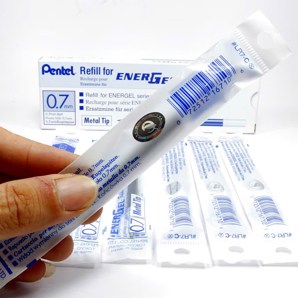 Combo hộp 12 chiếc ruột bút gel Pentel ENERGEL nét 0.5/ 0.7/ 1.0mm, màu mực xanh/ đỏ/ đen/ tím