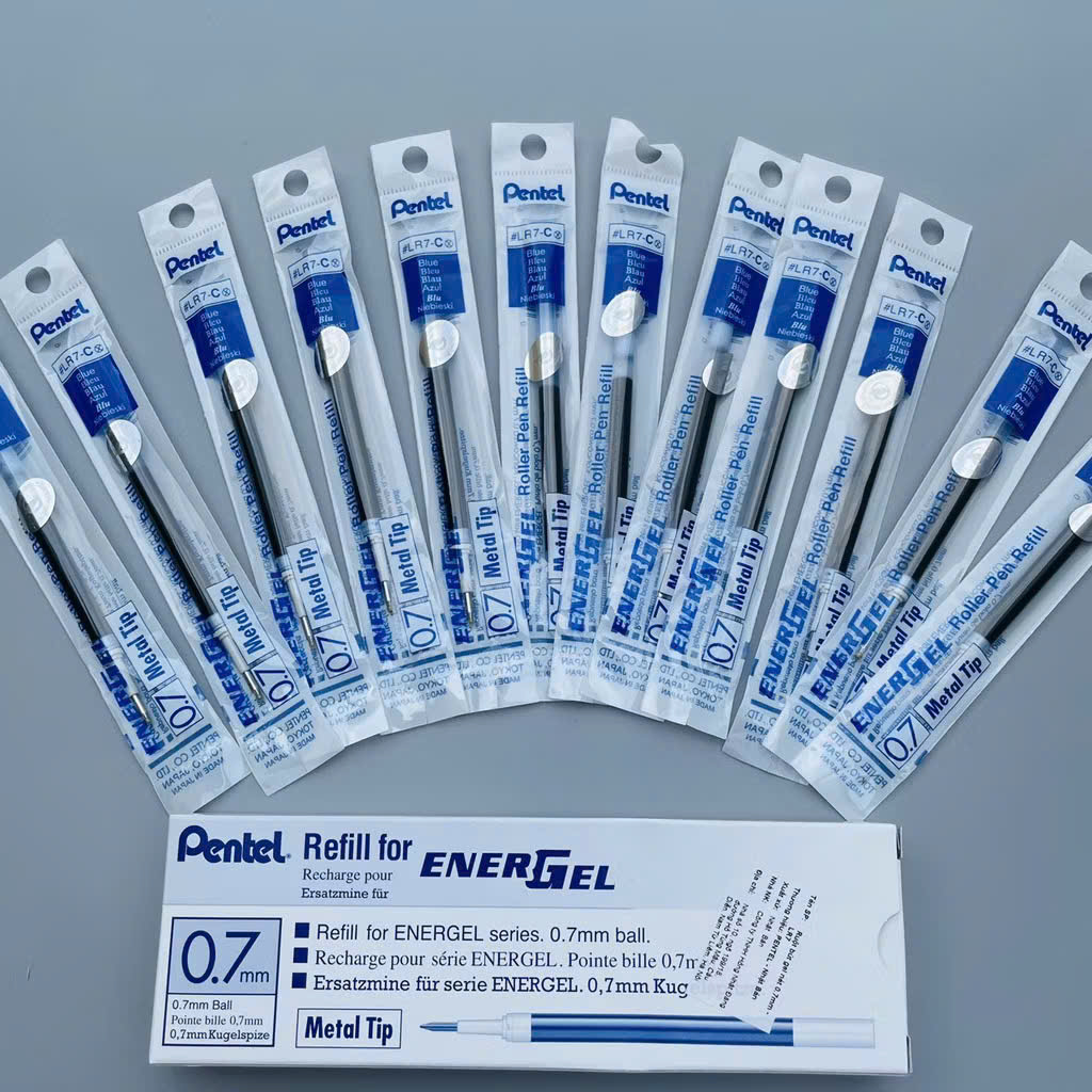 Combo hộp 12 chiếc ruột bút gel Pentel ENERGEL nét 0.5/ 0.7/ 1.0mm, màu mực xanh/ đỏ/ đen/ tím
