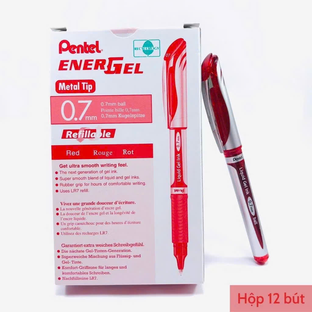 Combo hộp 12 bút gel Pentel ENERGEL size ngòi 0.5/ 0.7/ 1.0mm màu mực xanh, đỏ, đen