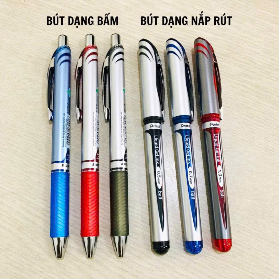 Combo hộp 12 bút gel Pentel ENERGEL size ngòi 0.5/ 0.7/ 1.0mm màu mực xanh, đỏ, đen