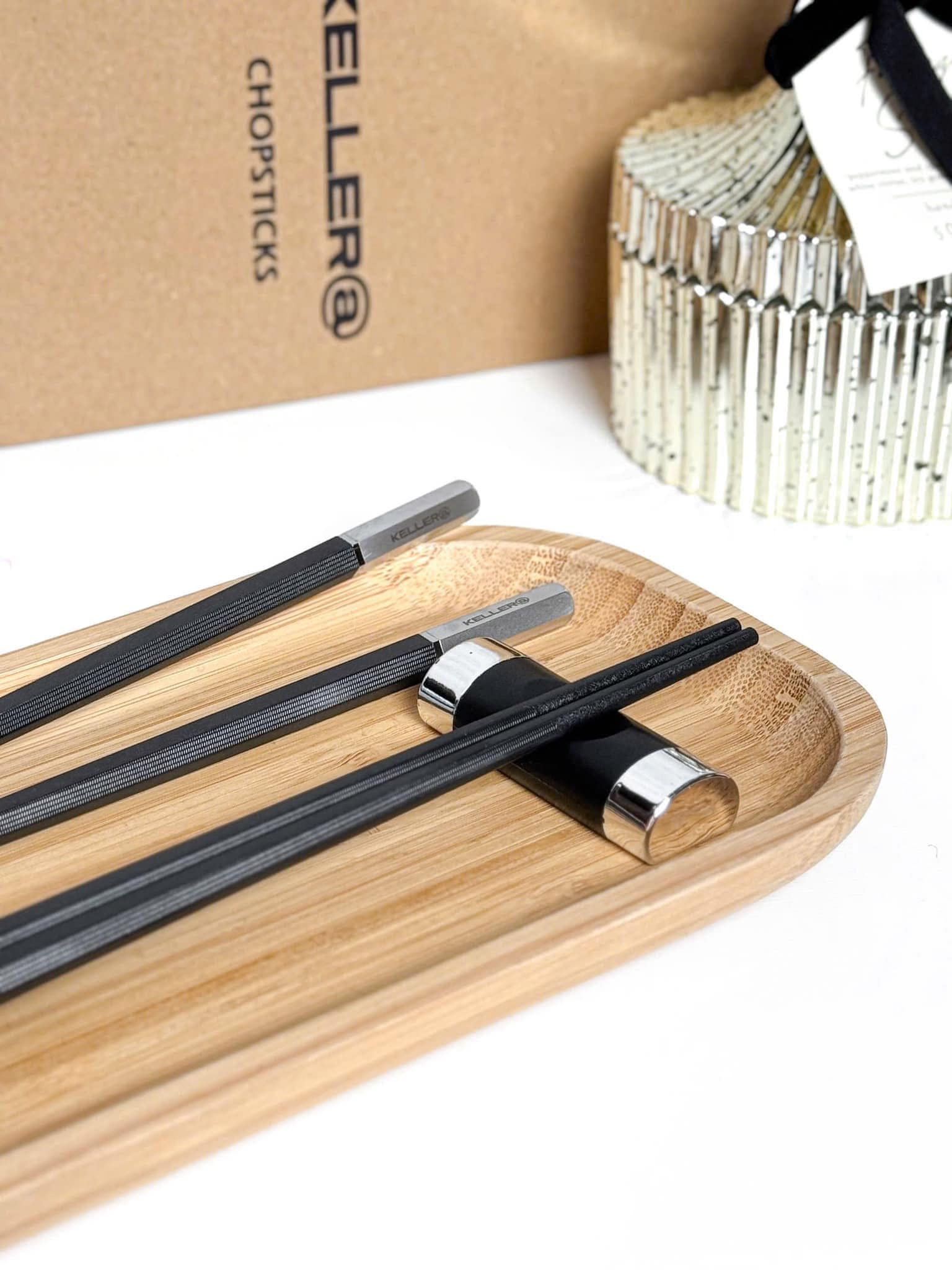 Set 10 đôi đũa chuôi bạc Keller Germany, sợi thủy tinh kháng khuẩn - vỏ hộp nâu