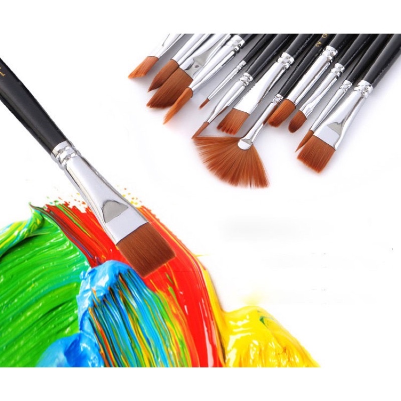 Bộ 12 cọ vẽ mỹ thuật vẽ màu nước, màu bột, gouache sơn dầu, vẽ mặt hóa trang...
