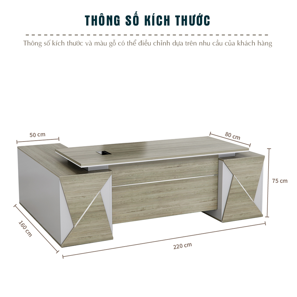 kích thước bàn giám đốc, thông số bàn FGBGD087, bàn gỗ MDF phủ Melamin, nội thất văn phòng FERGUS