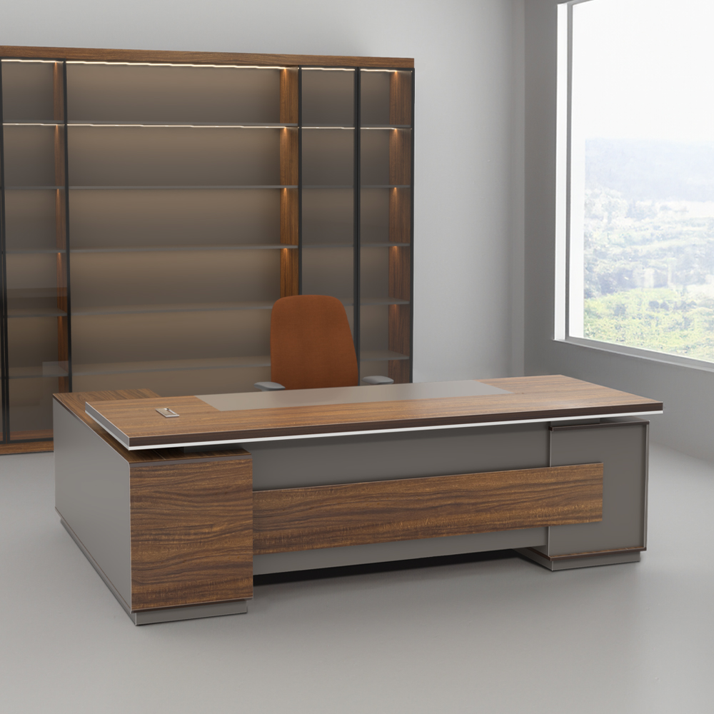 bàn làm việc giám đốc FGBGD088, văn phòng có cửa sổ, bàn gỗ MDF phối xám, nội thất fergus.vn