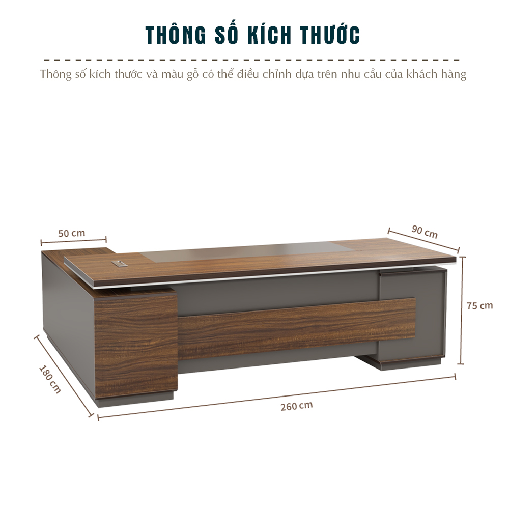 thông số bàn FGBGD088, kích thước bàn giám đốc, nội thất văn phòng FERGUS, bàn MDF phủ Melamin