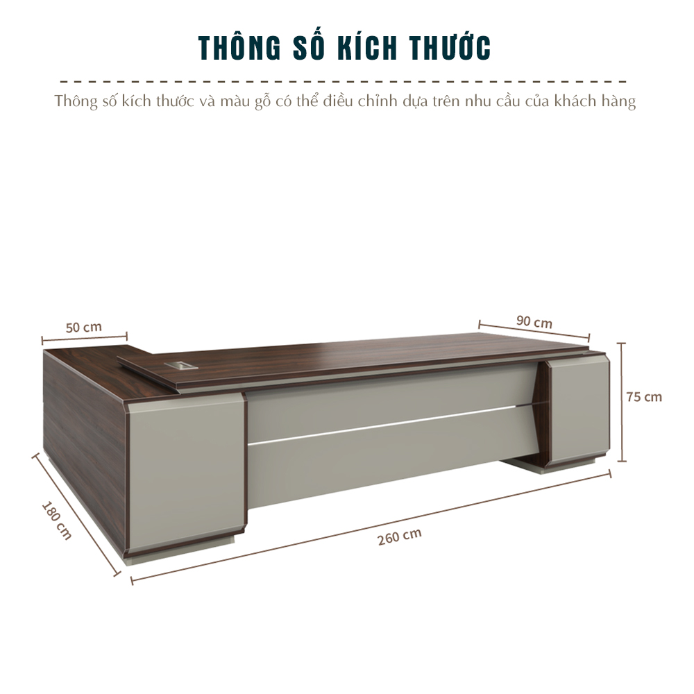 kích thước bàn giám đốc, bàn FGBGD090 260cm, nội thất văn phòng FERGUS, bàn gỗ MDF phủ Melamin