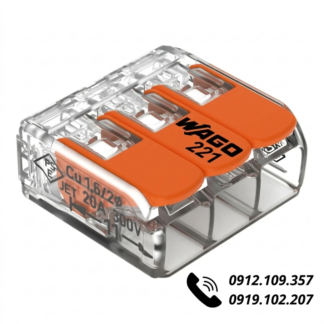 Đầu Nối Dây Điện Wago 221-413 (3 Dây, 32A)