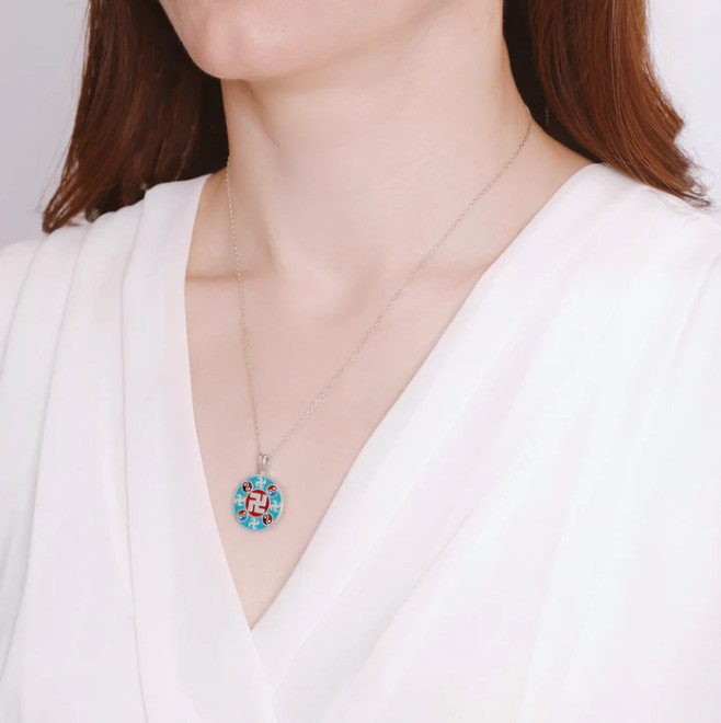 Mặt dây chuyền chữ Vạn màu bạc tráng men xanh Teal - 20mm (Wan Enamel Teal - Silver 20mm)