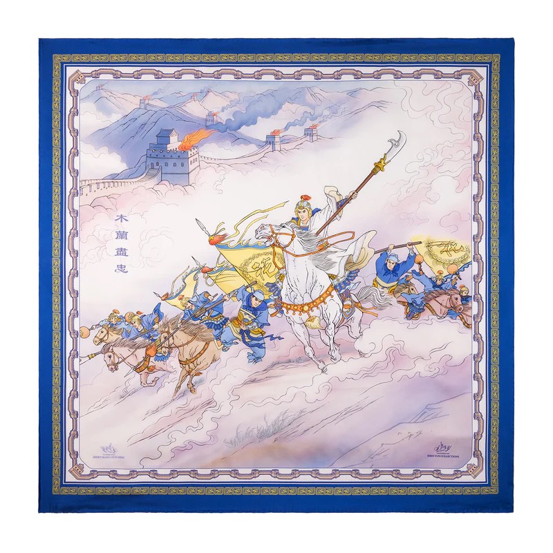 Khăn lụa vuông Mộc Lan - 2 mặt - Xanh và Đồng (Mulan - Royal Blue & Bronze)