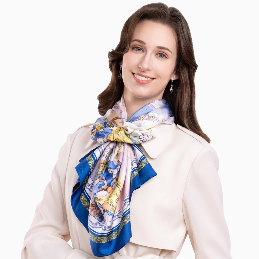 Khăn lụa vuông Mộc Lan - 2 mặt - Xanh và Đồng (Mulan - Royal Blue & Bronze)