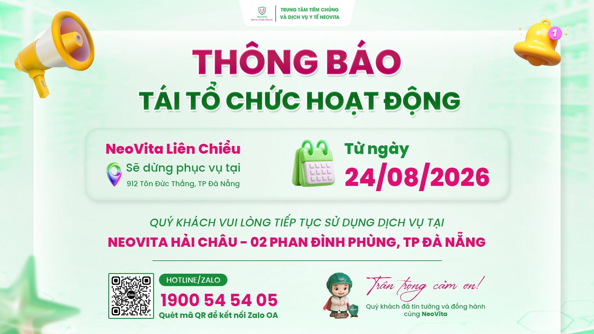THÔNG BÁO THAY ĐỔI ĐỊA ĐIỂM PHỤC VỤ CỦA NEOVITA LIÊN CHIỂU